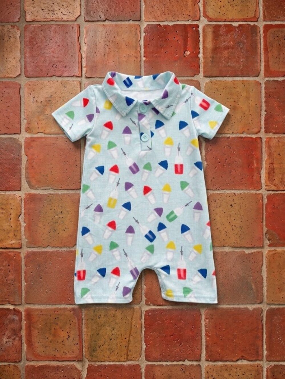 Snow Cone Snoball Romper Shortall Blue Summer Shaved Ice Polo Size 3-6MO